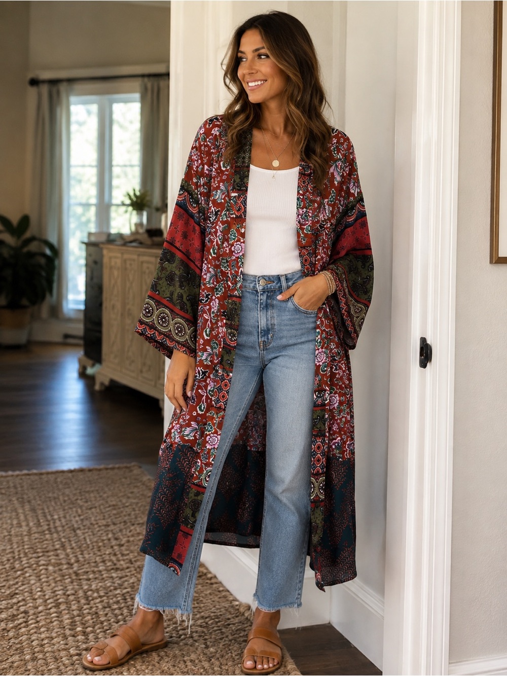 Umgee Boho Patchwork Floral Maxi Kimono Duster – Size Large